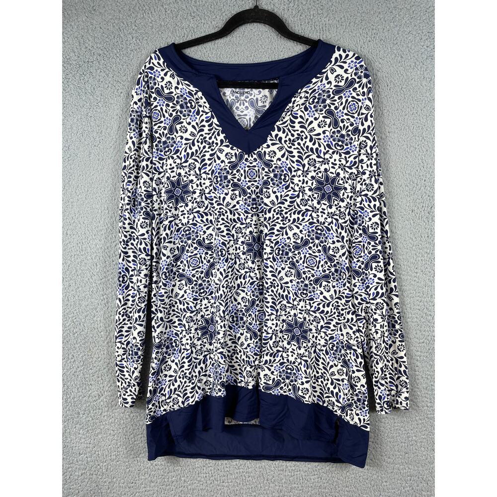 Lands' End Women's Blue Top Floral Size L 14-16 Blouse Tunic Swim Shirt Cover Up